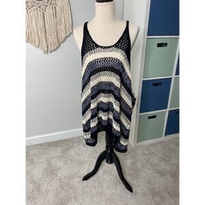 Zara Blue Black Loose Knit Crochet 100% Cotton Beachy Coastal Tank Top Small